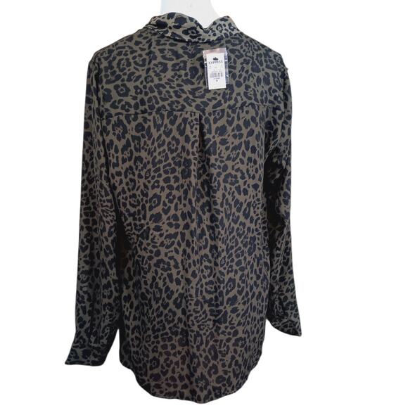 NEW EXPRESS Draped V-Neck Blouse Top Medium Green Black Animal Print Career Work - Picture 9 of 9